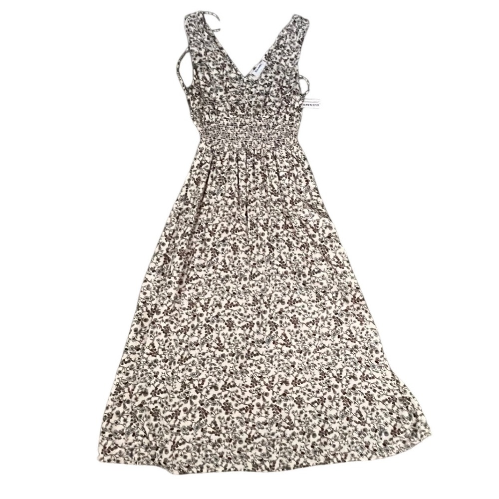 NWT Old Navy Women Floral Smocked Waist V-Neck Maxi Dress Beige Brown Size M NEW
